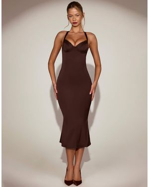 Oh Polly Elyra Satin Lace Trim Halter Neck Fishtail Midaxi Dress - Brown