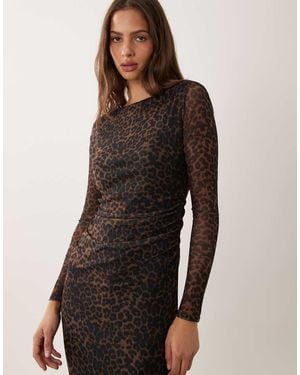 New Look Ruched Mesh Midi Dress - Brown