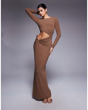 JLUXLABEL Knitted Cut Out Metal Hardware Detail Long Sleeve Maxi Dress - Brown
