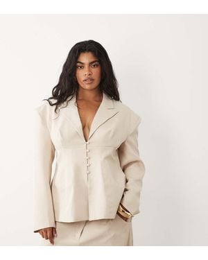 ASOS Curve Co-ord Cinched Waisted Tailored Blazer With Button Detail - Natural