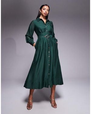 Forever New Vestido Camisero Midi Con Cinturón Y Detalle De Costura De -Rojo - Verde