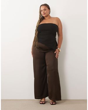 Vila Curve Tie Waist Wide Leg Satin Trousers - Brown