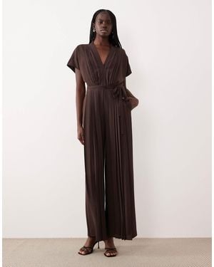 Mango Pleat Detail Short Sleeve Jumpsuit - Brown