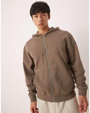 ASOS Zip Through Hoodie With Street Print Embroidery - Brown