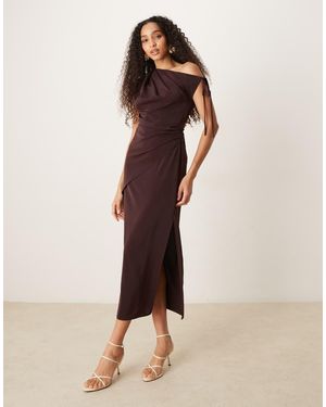 ASOS Fallen Shoulder Tie Detail Slinky Midi Dress - Natural
