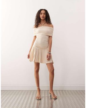 Lioness Bardot Ruched Waist Pleated Drop Hem Mini Dress - Natural