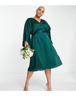 Tfnc Plus Bridesmaid Kimono Sleeve Satin Wrap Midi Dress - Green