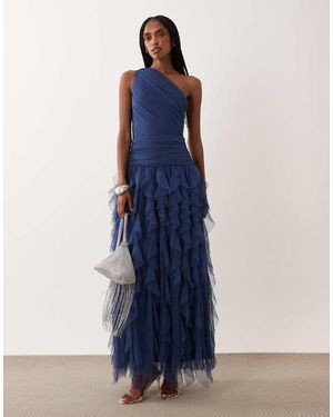 LACE & BEADS Bridesmaid One Shoulder Waterfall Ruffle Maxi Dress - Blue