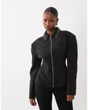 Kaiia Exclusive Fitted Cinch Waist Eyelet Collar Detail Shoulder Pad Jacket - Black