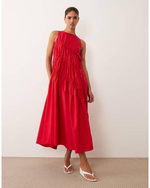 Ghospell Sleeveless Drawstring Detail Ruched Midi Dress - Red