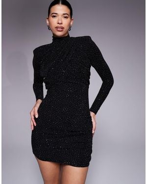 Ruched & Ready I'm Her Shoulder Pads Cross Front Sculpting Glitter And Rhinestone Mini Dress - Black