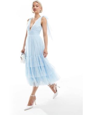 LACE & BEADS Bridesmaid Bow Shoulder Tiered Midi Dress - Blue