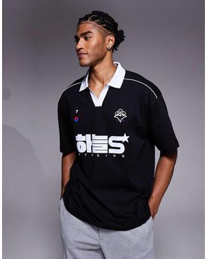 ASOS Oversized Polo With Piping Detail And Sports Graphic - Blue