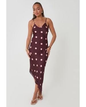 Threadbare Polka Dot Satin Lace Trim Maxi Dress - Red