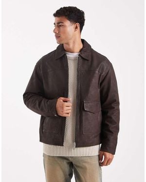 Jack & Jones Leather Harrington Jacket With Pockets - Brown