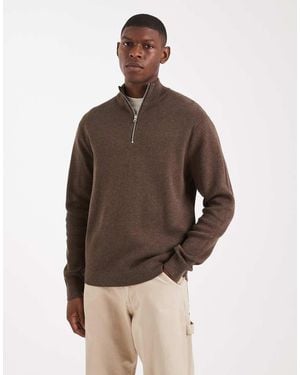 Only & Sons Half Zip Knitted Jumper - Brown