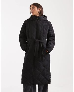 Threadbare Quilted Maxi Length Coat With Belt - Black