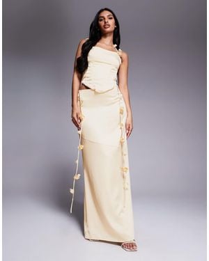 Wanderdoll Esmerelda Premium Satin Drape Flower Detail Maxi Skirt Co-ord - Grey