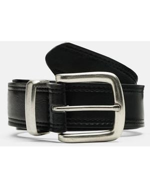 Pull&Bear Leather Effect Topstitched Belt - Black