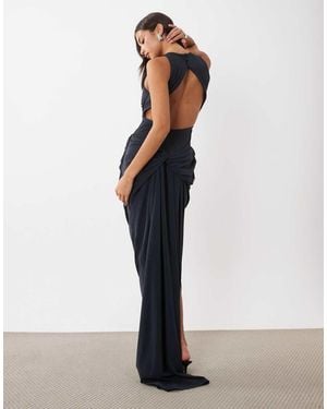 ASOS Plunge Neck Midi Dress With Open Back & Train Detail - Blue