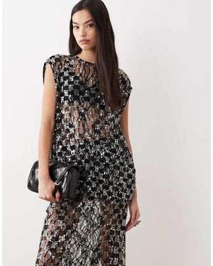 Vrg Grl Embellished Short Sleeve Mesh Top - Natural