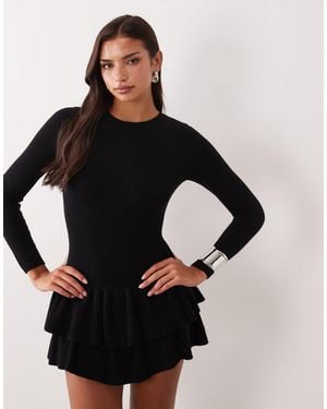 Aria Cove Knitted Long Sleeve Ruffle Skirt Mini Dress - Black