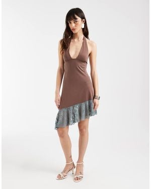 Motel Sanaya Lace Panelled Aysmetric Halter Dress - White