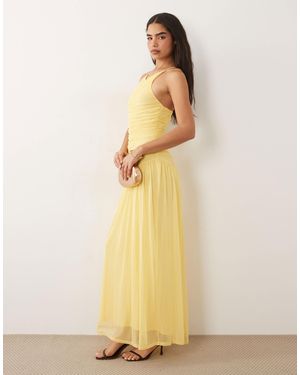 ASOS High V Neck Halter Mesh Maxi Dress With Ruched Details - Natural