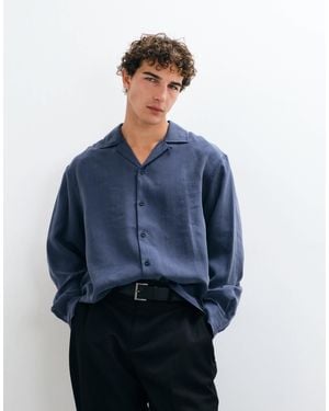 ASOS Oversized Shirt With Revere Collar And Curved Hem Navy - Blue