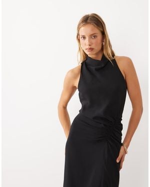 Mango High Neck Ruched Sleeveless Midi Dress - Black