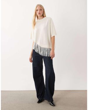 ASOS Premium Oversized Asymmetrisch T-Shirt Met Franjes - Wit