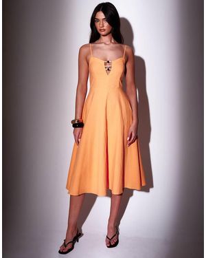 South Beach Linen Blend Midi Dress With Bead Detail - Orange