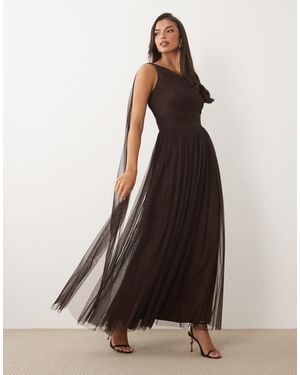 LACE & BEADS Tulle One Shoulder Maxi Dress in Brown