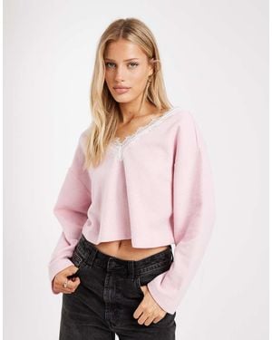 Miss Selfridge Brushed Rib V-Neck Top With Lace - Pink