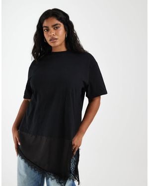 Noisy May Oversized Satin T-shirt With Asymm Lace Hem - Black