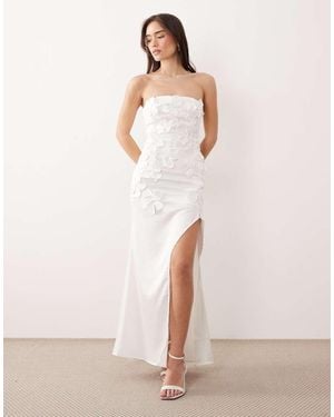 JW PEI Bandeau Floral Applique Ruffle Thigh Split Maxi Dress - Pink