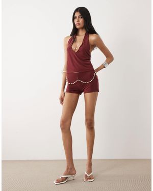 Motel Nissa Mini Shorts Wtih Pearl Detail - Red