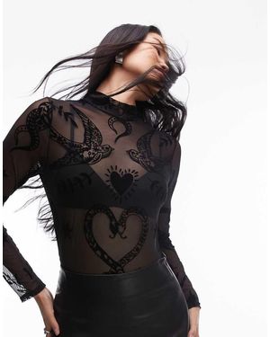 Never Fully Dressed Romance Embossed Mesh Bodysuit - Black