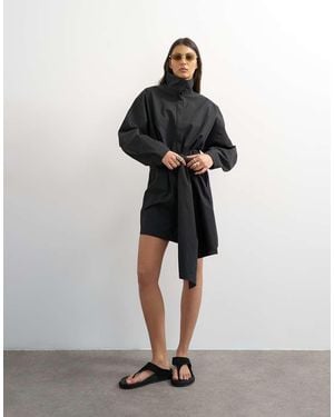 TOPSHOP Long Sleeve Funnel Neck Shirt Dress With Wrap Detail - Grey