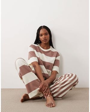 ASOS Asos Design Tall Way Striped Oversized Short Sleeve Tee And Wide Leg Pants Pajama Set - Natural