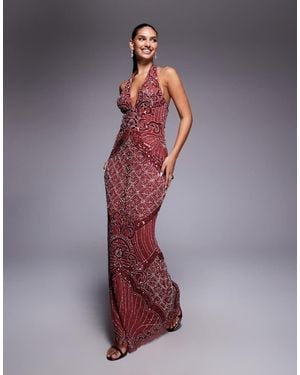 Beauut Fully Embellished Beaded Plunge Halter Neck Maxi Dress - Purple