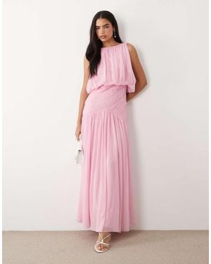ASOS Draped Gauged Ruched Waist Detail Maxi Dress - Pink