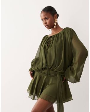 Lioness Elements Chiffon Drape Detail Balloon Sleeve Tie Waist Mini Dress - Green
