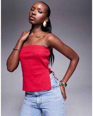 Kaiia Exclusive Cotton Rich Ribbed Bandeau Side Split Top - Red