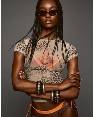 Bershka Printed Short Sleeve Tulle T-shirt - Brown