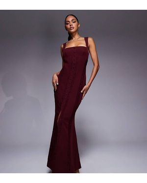 Murci Exclusive Square Neck Sheer Lace Panel Maxi Dress - Purple