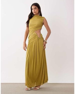 ASOS Vestido Maxi De Malla Fruncida Con Cuello Alto Y Ribete De Herraje Metálico En-Verde