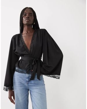 Miss Selfridge Satin Wrap Top - Black