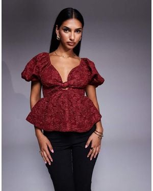 New Look Jacquard Puff Sleeve Top - Red