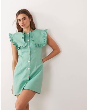 Ghospell Jacquard Oversized Ruffle Trim Collar Sleeveless Mini Dress - Green